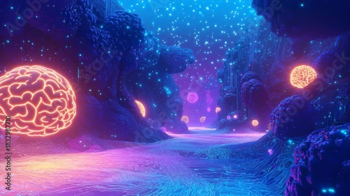 Explore a vibrant, glowing underwater world filled with colorful orbs and intricate patterns at night in a digital landscape