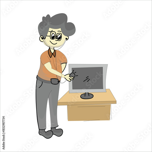 Technician cleaning dust off a computer monitor screen with a cloth. Concept of maintenance