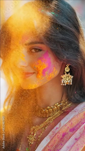 A woman covered in vibrant colored powder, partaking in a traditional Indian festival such as Holi. She is joyfully decorated with face paint and wears ornate jewelry.