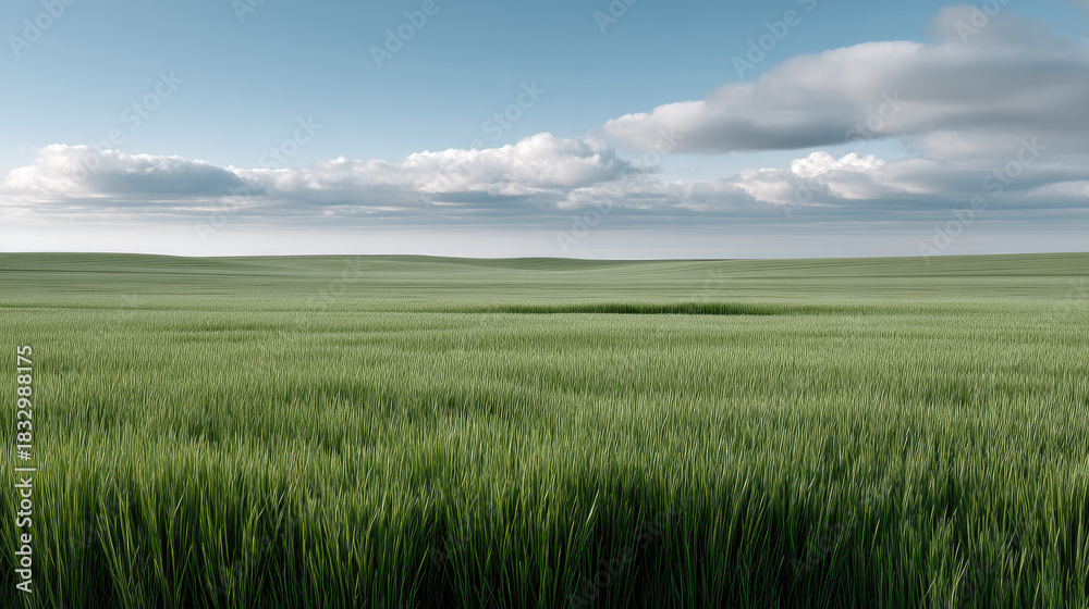 Fototapeta premium Serene green field with tall grass under blue sky and clouds, peaceful landscape, natural outdoor scenery