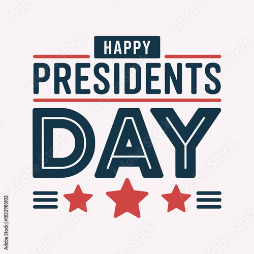 Happy Presidents Day text graphic with red stars and horizontal lines on a light pink background vector illustration.