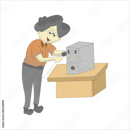 IT technician bending down to connect cables to a PC tower. Concept of hardware installation