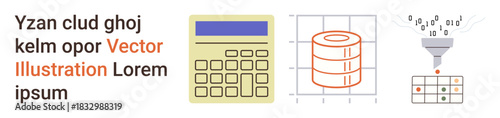 Data analysis, technology, database management, computation, information processing, digital systems. Features a calculator, database icon and data funnel graphic. Data analysis and technology