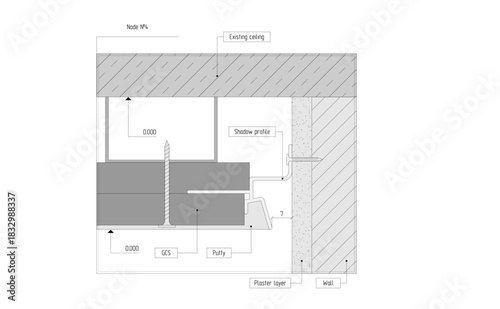 Vector drawing of a diagram, sectional view of the installation unit of a hidden curtain rod.