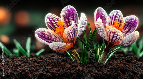 Beautiful crocuses blooming in the early spring soil