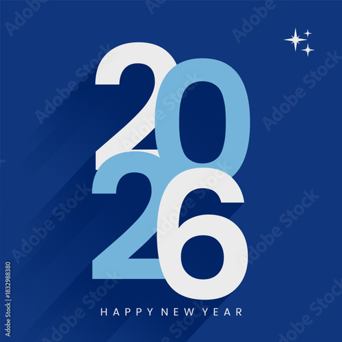 Minimalist 2026 greeting card with light blue and white overlapping typography and a modern long shadow effect.