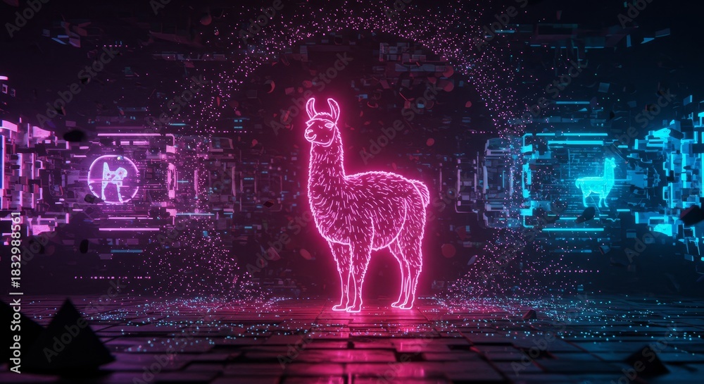 Obraz premium Neon Llama in Cyberspace Dreamscape - A radiant neon llama stands in a futuristic world. Symbolizing: Innovation, technology, creativity, the future, and progress