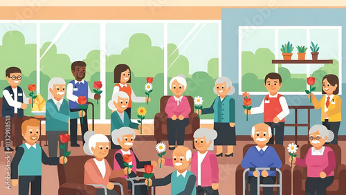 Senior Care Center with Volunteers Giving Flowers to Elderly Residents