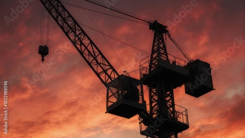 Silhouette of a construction crane against a dramatic sunset sky.