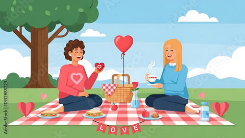 Romantic two friend picnic in park with heart balloon