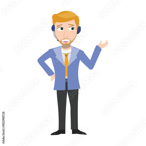 Customer service agent standing and gesturing with an open hand to present something to the side