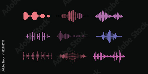 Nine abstract sound wave visualizations in pink purple and blue on black background audio equalizer vector illustration.