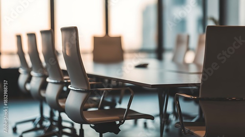 Blurred background of a modern office meeting room with a table and chairs for a business concept. High quality.