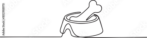 Minimal single line illustration of a dog bowl with a bone inside, expressing love and care for mixed-breed dogs in a clean outline style