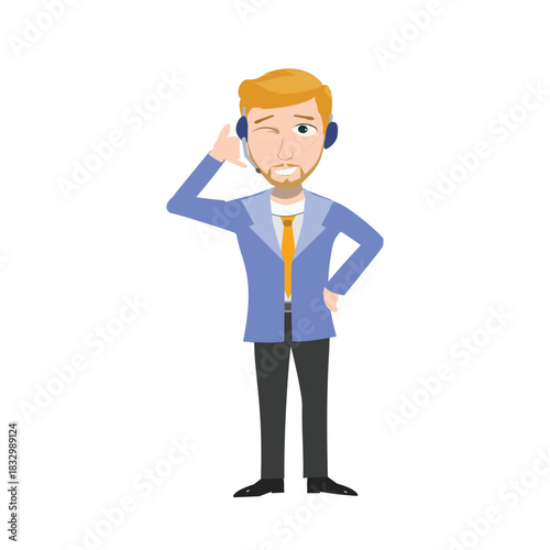 Thoughtful support agent scratching his head while talking on the headset