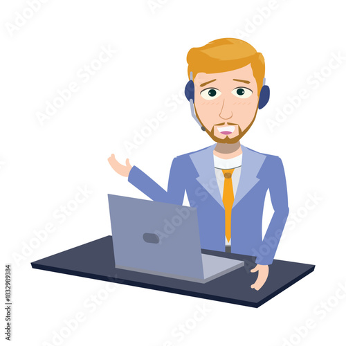 Customer support agent sitting at a desk and gesturing with his hand to explain a solution