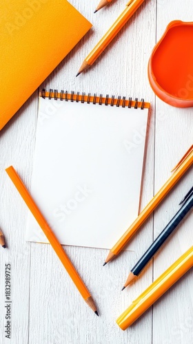 A top-down shot showcases a blank notebook surrounded by pencils and other stationery on a white wooden surface. The composition is clean and minimalist, with a