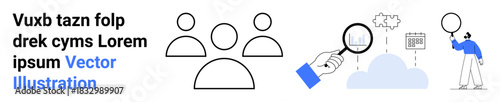 Minimalist design featuring team icons, magnifying glass analyzing cloud data, and a person with a balloon. Ideal for teamwork, analysis, collaboration, research, innovation, technology simple