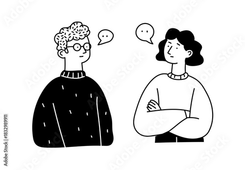 Man with glasses and woman with crossed arms stand with silent speech bubbles.