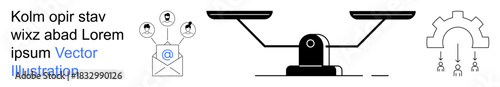 Business balance, email marketing, teamwork, decision-making, workflow optimization, communication. Minimalist balance scale, envelope graphic with people and gear symbol. Business balance and email