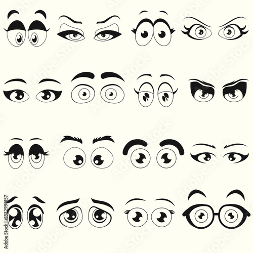 Cartoon vector illustration of a set of woman's brown eyes with fashion makeup and delicate eyelashes