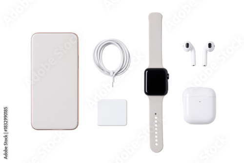 Smart Tech Essentials: A minimalist top-down view showcases the latest smart tech essentials, including a smartphone, smartwatch, wireless earbuds, and charging accessories.
