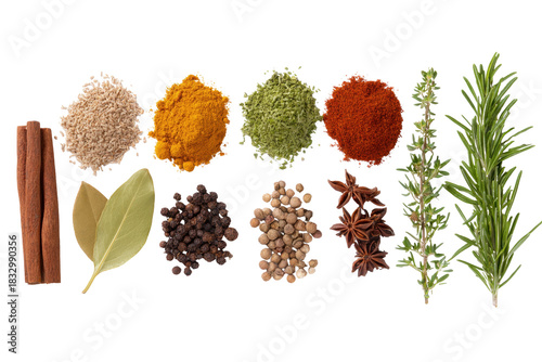 Aromatic Spice Palette: A vibrant assortment of culinary spices, artfully arranged to showcase their unique textures and colors, from earthy cinnamon sticks to fragrant herbs.