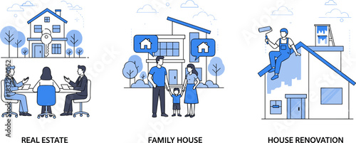 Real estate concept, family house, home renovation, property ownership, housing decision, construction, maintenance, modern living, residential illustration, real estate transaction