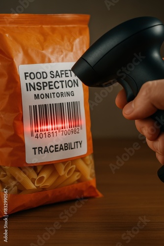 food safety inspection monitoring concept. Food safety inspection with barcode scanning on pasta package.