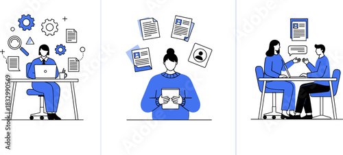 Recruitment process illustration, job analysis, resume screening, interview session, hiring workflow, candidate selection, HR concept, employment strategy, professional hiring stages