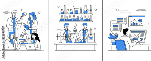 Scientific research illustration, lab collaboration, chemistry experiment, data analysis, microscope study, research teamwork, laboratory glassware, computer charts, science workflow