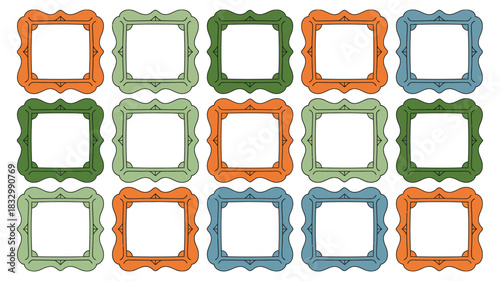 Groovy wave frame vector kit with ornamental wavy borders, bohemian style arches, suitable for summer designs, vintage holiday prints, and elegant poster decoration