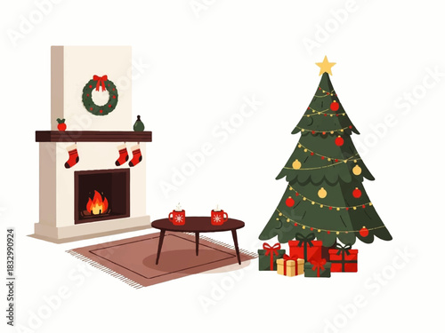 Cozy Christmas scene featuring a decorated tree with gifts, a fireplace with stockings, and a coffee table with candles.
