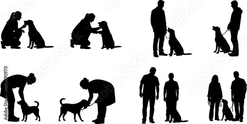 Silhouettes of people interacting with dogs, training, companionship, pet care, obedience, walking, sitting, and playful moments, black and white illustration set