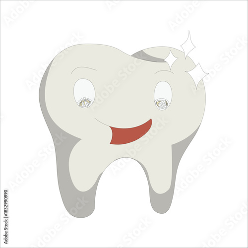 Cute happy white tooth character smiling and sparkling. Concept of good oral hygiene