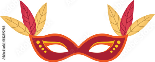 burgundy and yellow masquerade mask with decorative feathers on the sides. Carnival eye accessory isolated on white
