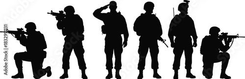 Set of black silhouettes of soldiers standing, kneeling and saluting with guns isolated on white background for military war and army design.