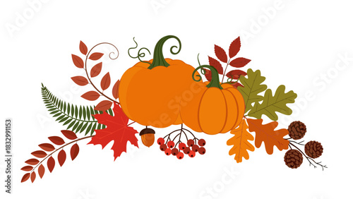 Festive Autumnal Still Life with Pumpkins, Acorns, and Foliage in Seasonal Hues