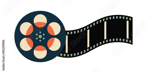 Vintage film reel with black film strip and abstract circular pattern movie cinema vector illustration