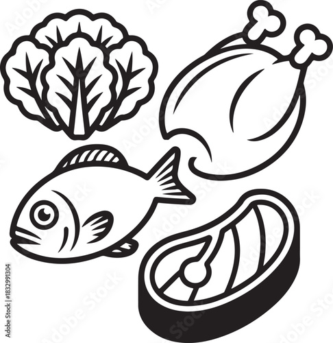 Collection of various raw foods like fish, meat, and lettuce drawing illustration