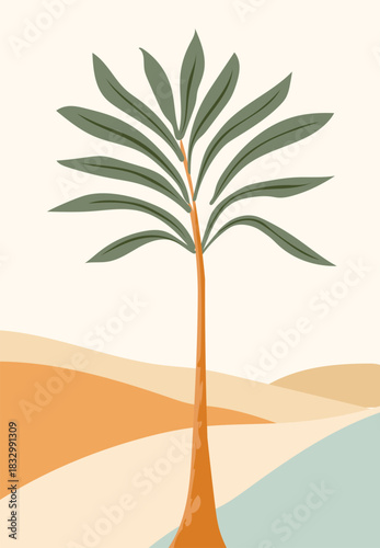 Minimalist landscape featuring a palm tree, orange sand dunes, and blue water.