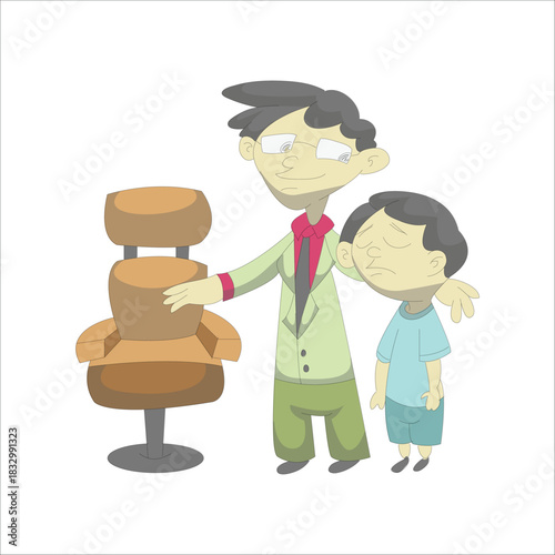 cute cartoon dentist trying to comfort a scared boy patient next to the dental chair