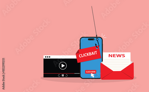 Clickbait message.Clickbait concept with smartphone and fishing hook on message