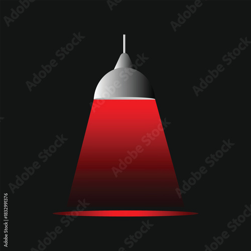 Red Spotlight Hanging Lamp Vector Illustration on Dark Background. Glowing Red Pendant Light Beam Graphic for Interior Lighting Design.