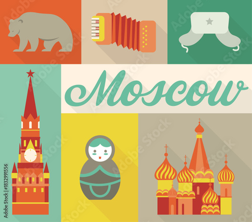 Moscow Russia Travel and Culture Flat Design Vector Set: Kremlin, Saint Basil's Cathedral, Matryoshka Doll, Ushanka Hat, Bear, and Accordion Icons