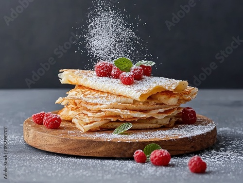 Close-up of a stack of pancakes topped with raspberries, mint leaves, and powdered sugar on a wooden board. The food is set against a dark background.