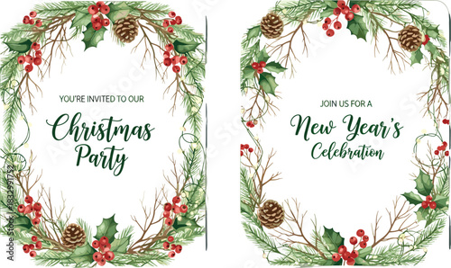 Set of Christmas Party and New Year's Celebration invitation templates, featuring watercolor wreaths with red berries, pinecones, holly, and fir branches.