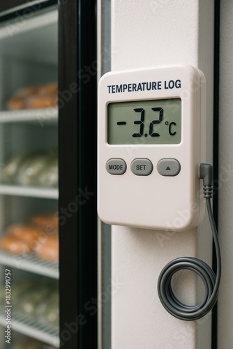 food safety inspection monitoring concept. Digital thermometer displaying temperature in a refrigeration unit.