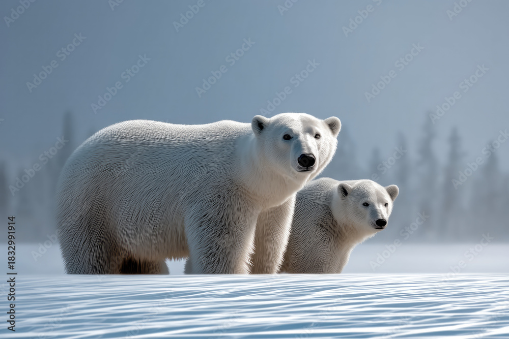 Naklejka premium Polar bear cub snow winter arctic wildlife animal white cold nature standing outdoors mammal ice family fur environment predator carnivore