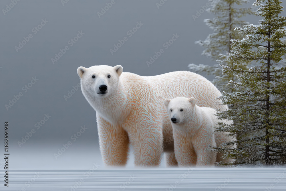 Naklejka premium Polar bear cub winter snow arctic wildlife nature frosty forest cold standing together in snowy landscape with frosted trees serene and peaceful